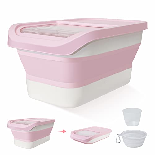 DDMOMMY Collapsible Dog Food Storage Container, 10-13 LB Large Pet Cat Food Containers Bin with Lids, Foldable Kitchen Cereal Rice Storage Bin with Measuring Cup and Silicone Bowl, Pink
