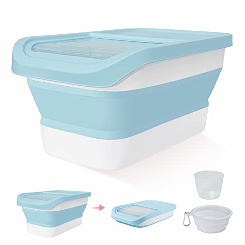 DDMOMMY Pet Food Storage Containers , 10-13 Lb Large Collapsible Dog Food Storage Container With Lids, Foldable Kitchen Cereal Rice Storage Bin With Measuring Cup And Silicone Bowl, Blue With White.
