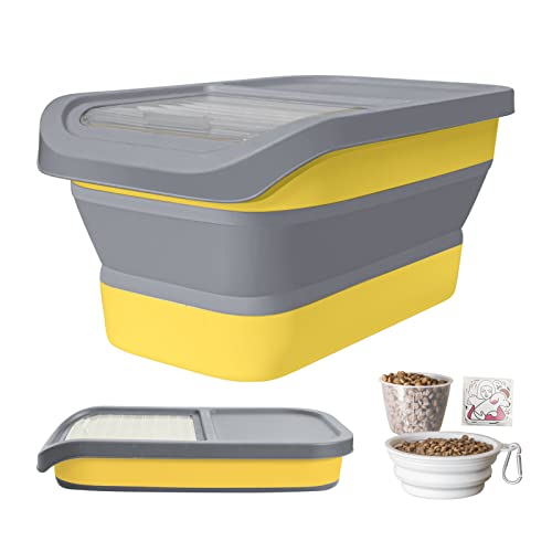 DDMOMMY Collapsible Dog Food Storage Container, 10-13 LB Large Pet Cat Food Containers Bin with Lids, Foldable Kitchen Cereal Rice Storage Bin with Measuring Cup and Silicone Bowl, Grey & Yellow