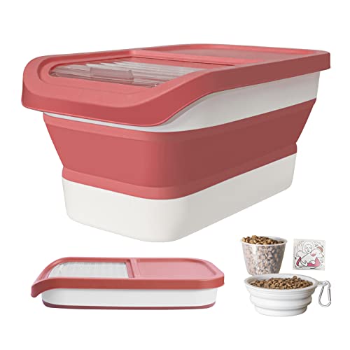 DDMOMMY Collapsible Dog Food Storage Container, 10-13 LB Large Pet Cat Food Containers Bin with Lids, Foldable Kitchen Cereal Rice Storage Bin with Measuring Cup and Silicone Bowl, Red & White